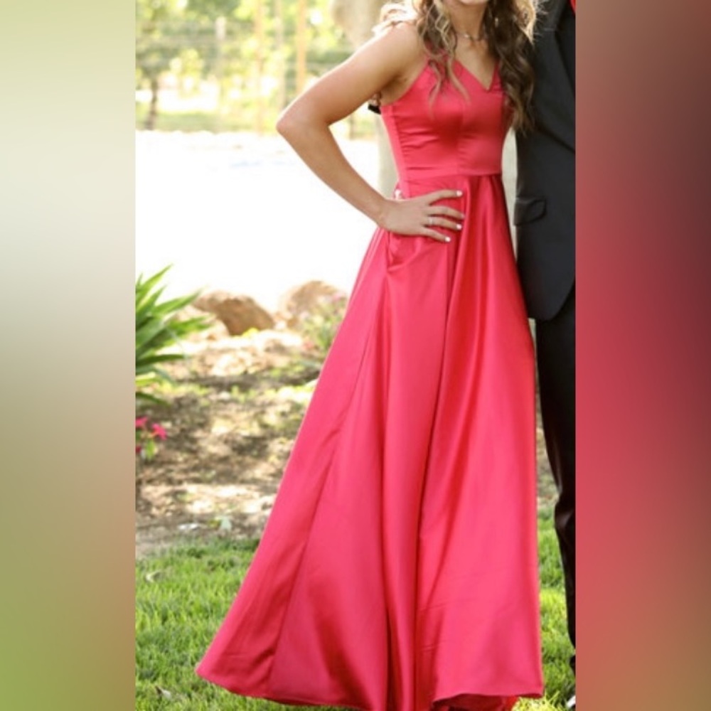 Red Satin Prom Dress With Pockets and Slit Size 3